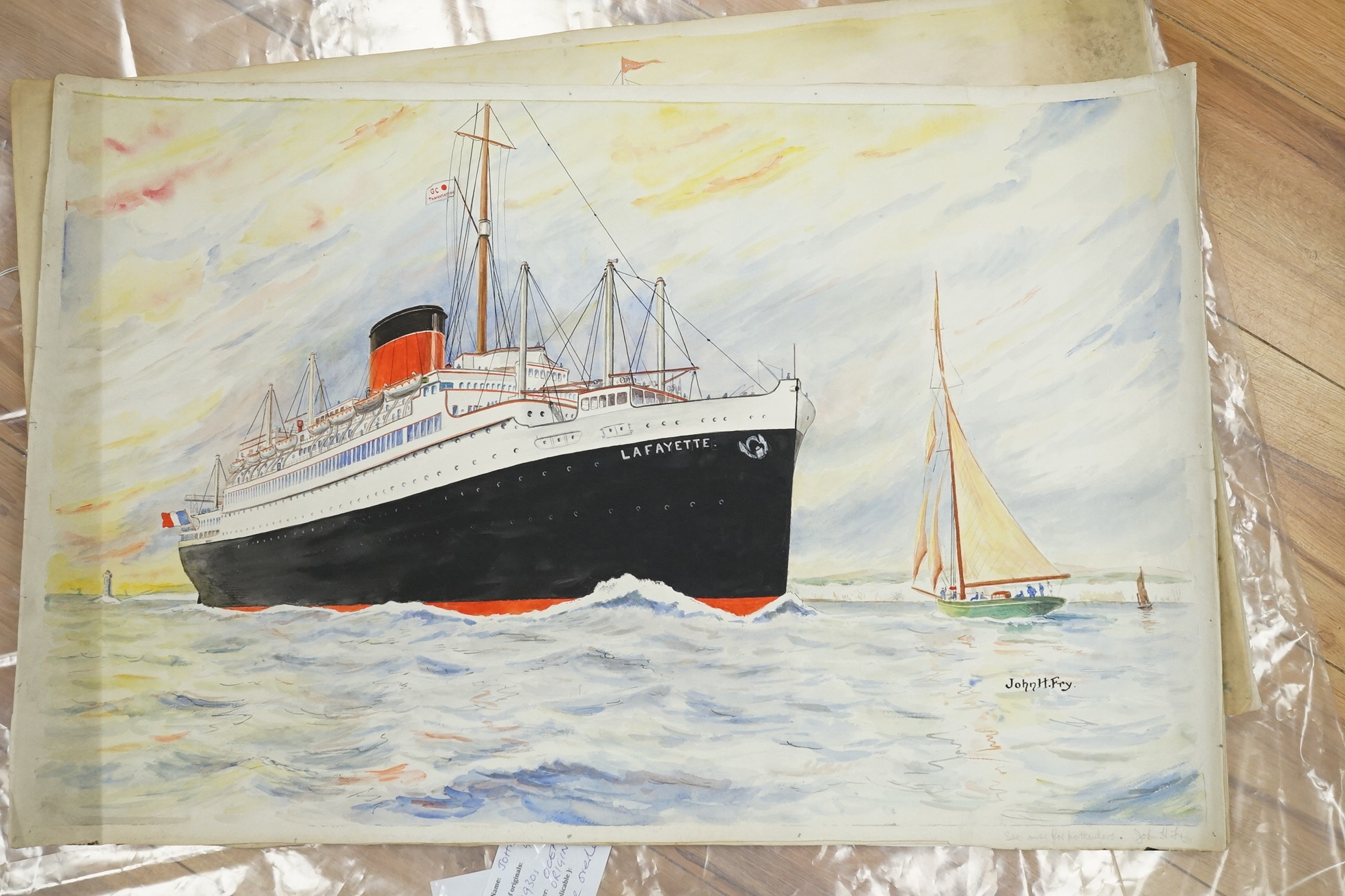 John Harold Fry (British, 1881-1941), set of eight original watercolours for postcard designs, ocean liners to include SS Resolute Hamburg American Line, SS Bremen Norddeutscher Lloyd Line and SS Atlantis Royal Mail Line